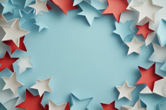 Blue background with frame of USA flag stars and confetti, signifying Happy Independence Day, Presidents Day, Labor day, 4th of July, and election concept