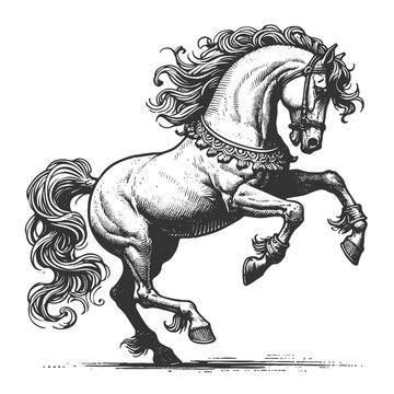 horse rearing on its hind legs, depicted in an engraved, woodcut style with fine details sketch engraving generative ai vector illustration. Scratch board imitation. Black and white image.