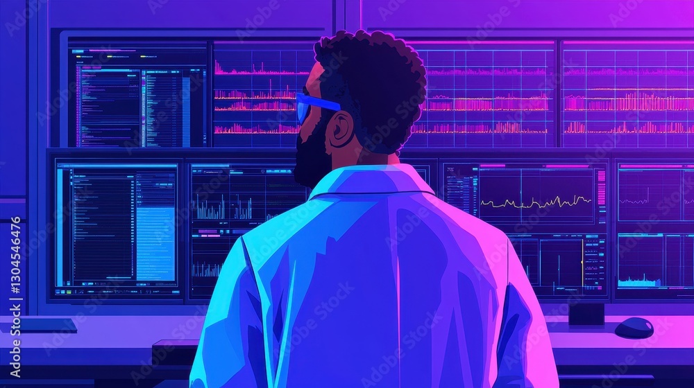 Poster business intelligence analytics real-time concept. a scientist analyzes data in a vibrant, high-tech