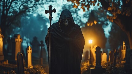 Grim Reaper. Dark Graveyard Scene With Mysterious Figure And Tombstones. Ideal For Halloween Or Gothic Themed Designs.