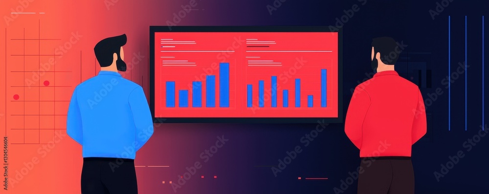 Poster business intelligence analytics real-time concept. two people observe a data presentation on a large