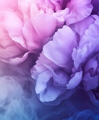Fototapeta premium Pastel purple and blue peony flowers in colorful smoke.