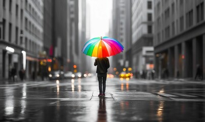 Person Holding a Colorful Umbrella in the Rain