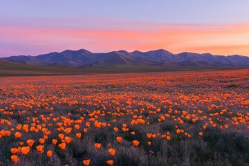 Fototapeta premium Captivating sunset over lush poppy fields showcasing vibrant colors and serene beauty for nature enthusiasts and travel lovers
