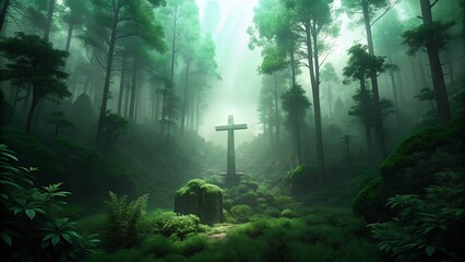 Enigmatic Green Forest, Misty Cross, Sunlight Beams - Spiritual Nature Stock Photo