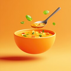 A bowl of soup and spoon with basil against an orange background
