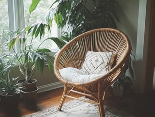 Cozy reading nook with rattan chair indoor plants natural light and relaxing home decor  
