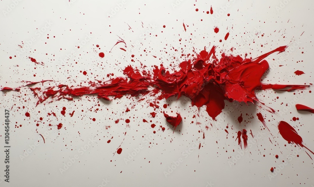 Poster abstract splatter of deep red paint on a white surface, creating a bold and striking artistic compos