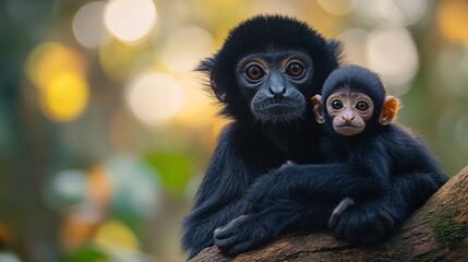 Obraz premium Gibbon mother cradling baby in rainforest, bokeh background, wildlife conservation