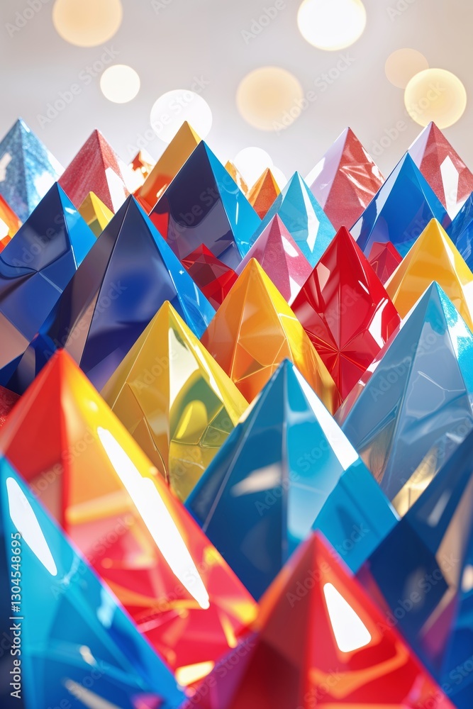 Poster colorful pyramids rise towards a soft-lit background in an artistic display of geometric shapes and 