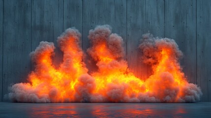 Fototapeta premium Fiery orange flames dramatically engulf smoke clouds against a gray textured wall. AI Generated