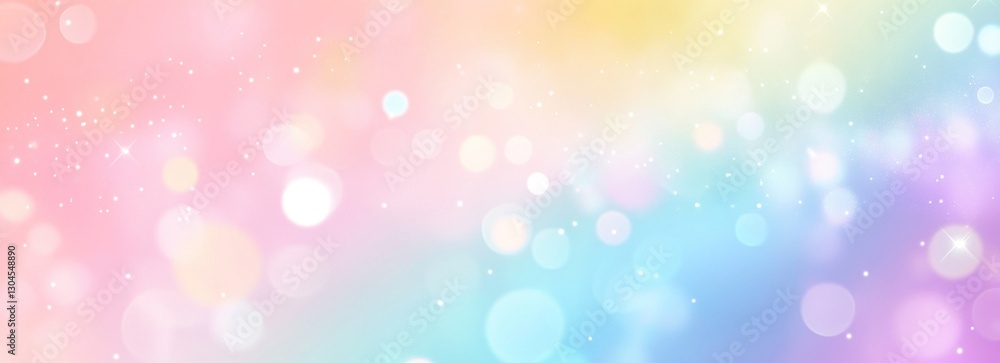Poster pastel rainbow bokeh background with soft light and sparkles.