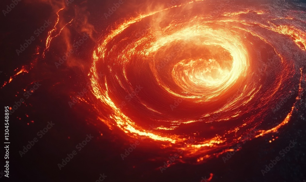 Poster abstract swirl of vibrant red and orange liquid textures on a dark background illuminated by glowing