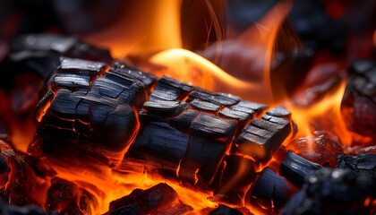 Macro shot of a glowing ember, revealing rich textures of charred wood and radiating heat, capturing the raw energy and intricate details of burning material in extreme close-up.
