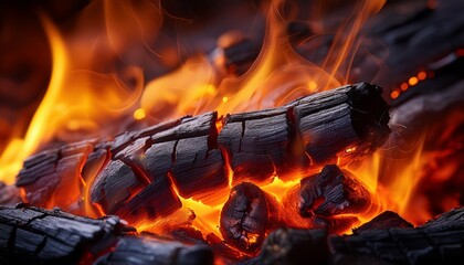 Macro shot of a glowing ember, revealing rich textures of charred wood and radiating heat, capturing the raw energy and intricate details of burning material in extreme close-up.
