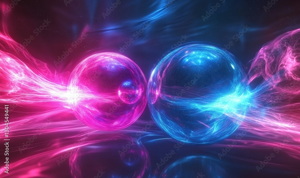 Poster artistic 3d depiction of glowing pink and blue spheres floating dynamically in a futuristic abstract
