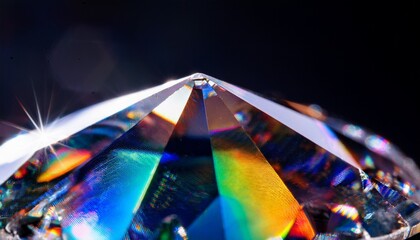 Macro shot of a diamond surface reflecting tiny rainbow prisms of light, showcasing dazzling clarity, intricate facets, and brilliant sparkle in stunning close-up.
