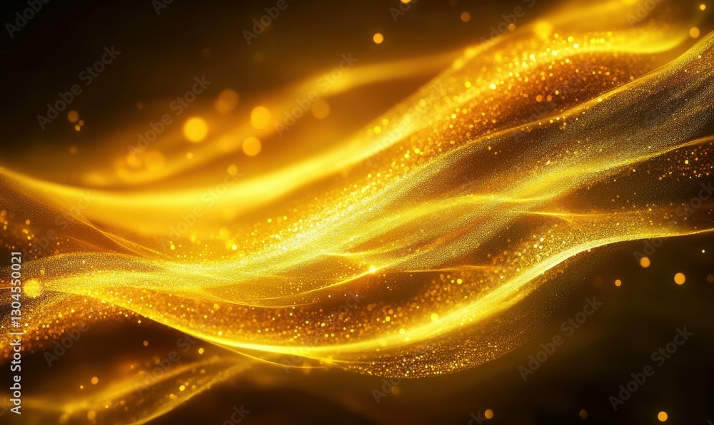 Poster golden swirling abstract pattern with glowing light and sparkles.