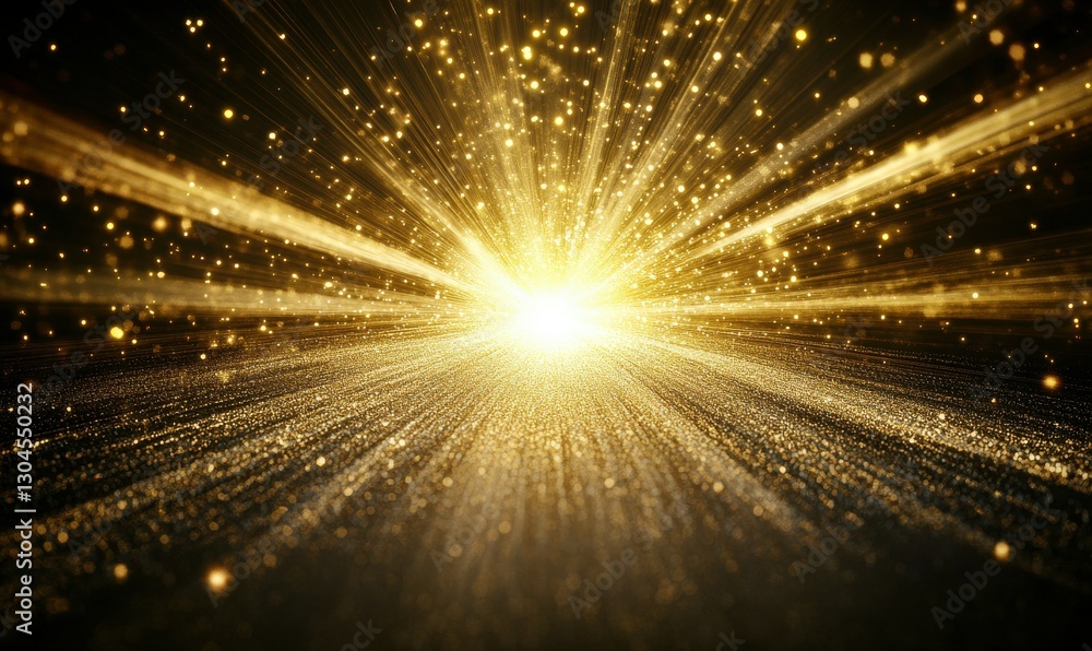 Poster artistic burst of shimmering golden particles scattered in a dark space, illuminated by soft glowing
