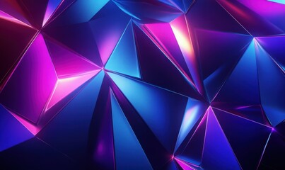 Bold glowing neon lines forming triangular patterns in shades of purple, blue, and pink against a dark background creating a futuristic design .
