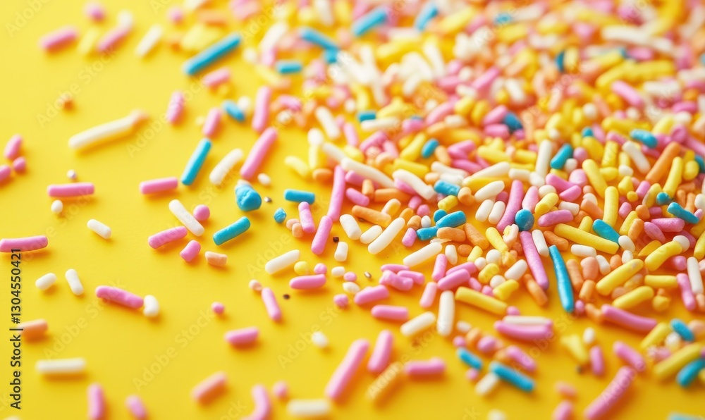 Poster artistic close-up of colorful sprinkles scattered on a smooth yellow surface, illuminated by soft na