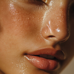 A close-up of the face shows radiant, sun-kissed skin with tiny drops of sweat, emphasizing its texture and natural glow.