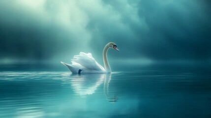 Fototapeta premium Graceful white swan gliding on crystal blue water, rippling reflections, serene lake surface, soft natural sunlight, peaceful nature photography, gentle water movement, pristine aquatic scene