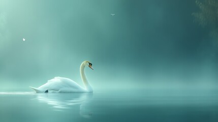 Solitary swan floating on azure waters, gentle wake patterns, ethereal morning mist, pure white plumage, untouched nature scene, peaceful lake environment, soft natural lighting