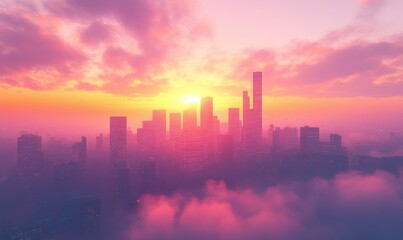 Fototapeta premium Bold modern city skyline emerging from dense fog at sunrise, softly illuminated by vibrant orange and pink light for a dramatic and urban atmosphere
