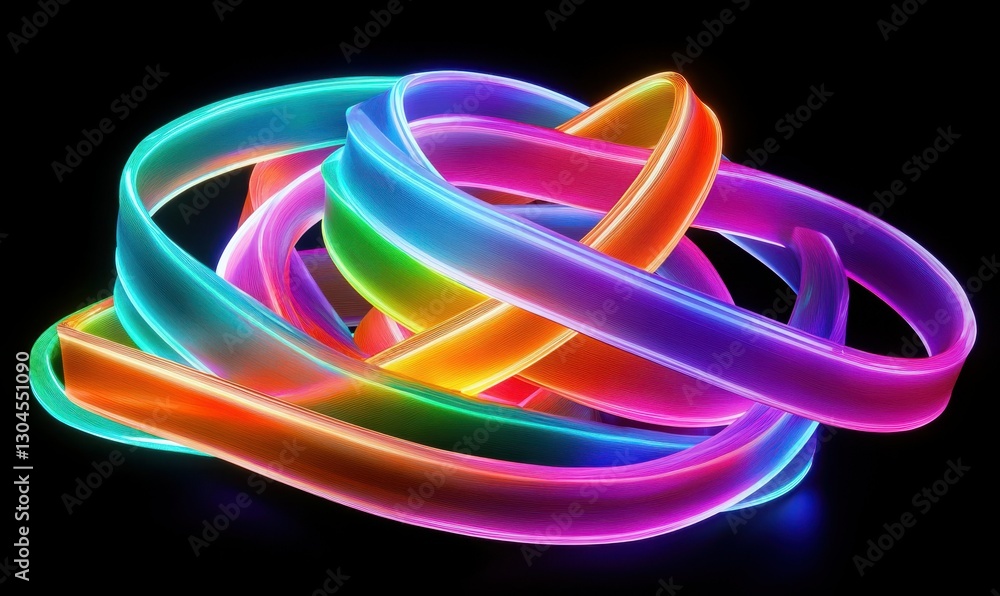 Poster artistic depiction of vibrant swirling neon ribbons illuminated by gradient light creating a bold an