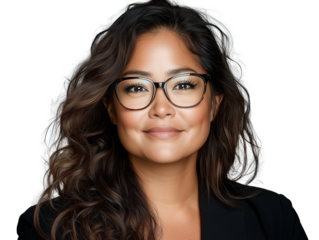 Close-up of a smiling, curvy woman with glasses and long dark hair. The woman's ethnicity could be Hawaiian or Polynesian. Transparent background.