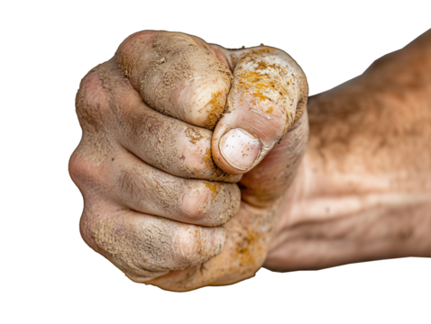 Close-up of the clenched fist of a dirty male hand.  Transparent background.