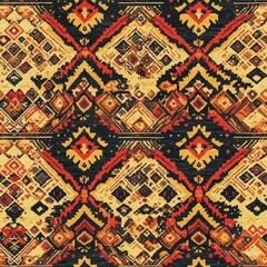 Intricate geometric textile patterns, rich earth tone colors, ornate tribal motifs, traditional weaving texture, ancient nomadic designs, symmetrical folk patterns, cultural art photography, detailed