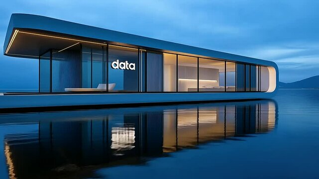 A modern house on water, with a sleek and futuristic design, labeled data to represent the innovative concept of data lakehouses combining the flexibility of data lakes with the