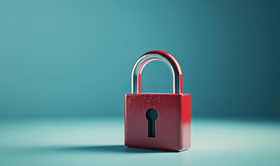 Fototapeta premium Bold red padlock glowing against a soft blue background, symbolizing security and protection in a modern minimalist design .