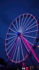 A Ferris wheel with LED lights shining brightly at dusk, led lights, wheel