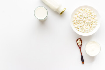 Various dairy products, top view. Milk and cottage cheese with sour cream