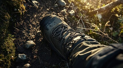Obraz premium Muddy Hiking Boots in a Forest Trail