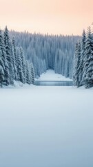 Obraz premium A frozen lake in the distance amidst a forest of snow-covered trees, frozen, peaceful