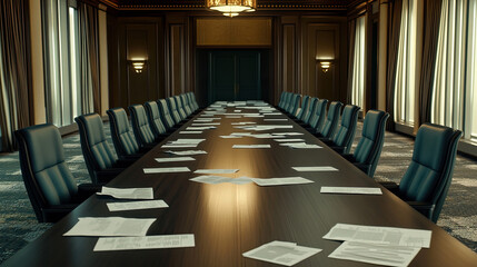 An empty boardroom with chairs pushed back and scattered papers, symbolizing recent layoffs, corporate restructuring, and economic impact.