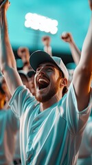 A baseball team celebrating in pastel-tones uniforms under vintage stadium lights glowing softly