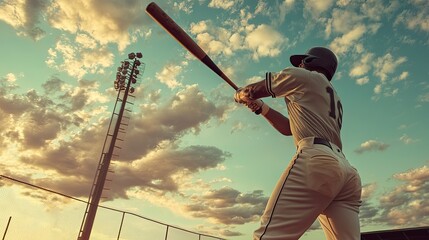 A baseball batter swinging under pastel skies, vintage dugout details glowing softly nearby