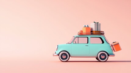Stylized small car illustration, packed holiday essentials, vintage travel aesthetic, pastel color scheme, modern 3d art style, playful transportation design, soft ambient lighting