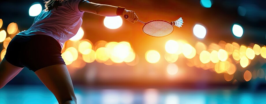 A badminton player smashing the shuttlecock, with pastel court and vintage lighting softly framing the action