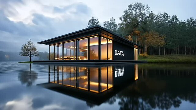 A floating modern house labeled data on a tranquil river, showcasing the fluidity and accessibility of combining data lakes and data warehouses in a single, flexible data lakehou