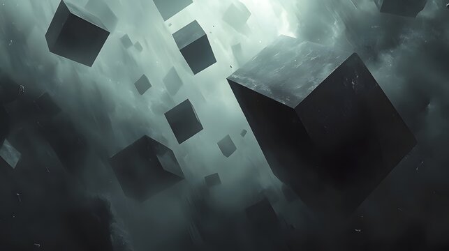 Geometric black floating cubes exist among an ethereal cloudy background