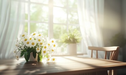 Bright airy dining area with natural wooden furniture, a bouquet of fresh daisies, and sunlight streaming through nearby windows creating a cheerful ambiance