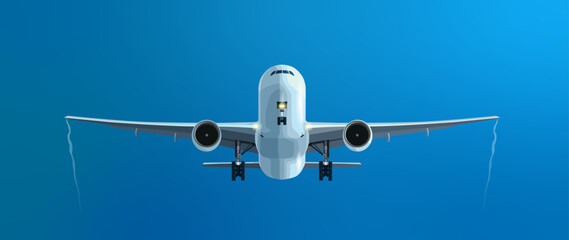 A civilian aircraft on takeoff or landing. A white passenger or cargo plane with extended landing gear on a blue sky background