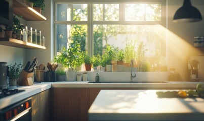 Bright airy kitchen with sleek white countertops, wooden cabinetry, and potted herbs illuminated by sunlight streaming through large windows for a modern setup