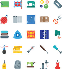 Set of 25 multicolor icons related to sewing, textile industry, fabric feather. Editable stroke.